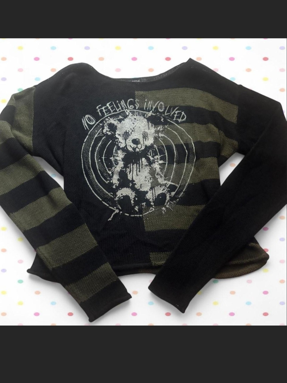 Social Collision- 'No Feelings Involved'  Olive & Black Striped Women’s Sweater.